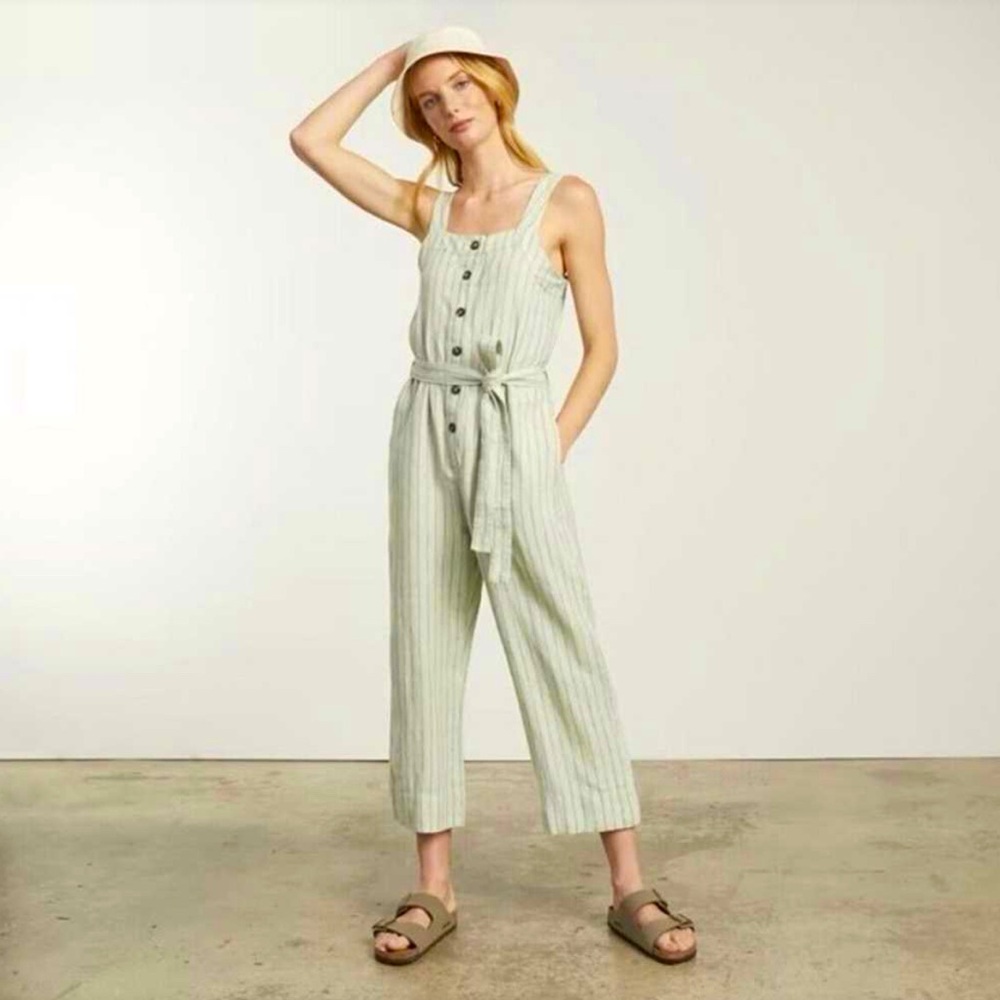 Everlane The Linen Picnic Jumpsuit in Seafoam Stripe size 10